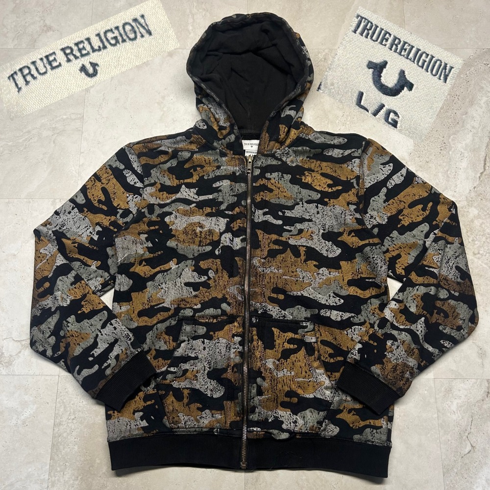 True Religion Camo Zip Up Hoodie Black Gold Mens Large Fleece Streetwear